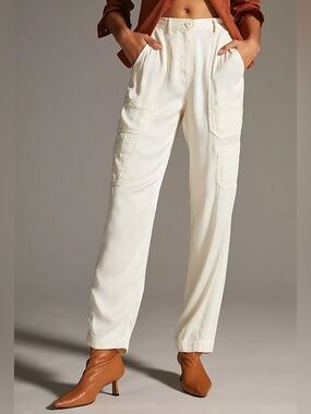 ANTHROPOLOGIE Maeve Port Side Satin Utility Pants Ivory White